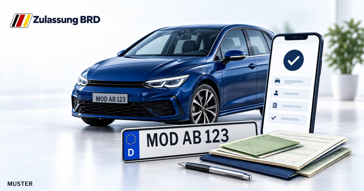 Online Fahrzeugzulassung in Marktoberdorf: Musterkennzeichen MOD AB 123, Auto und Fahrzeugpapiere und Smartphone. Illustration mit Logo von Zulassung BRD.